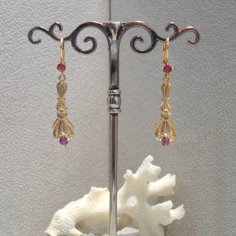 Jugendstil Ohrringe Rubinschmuck Rubin Ohrhänger Vintage Art Nouveau Retro Nostalgie Trachtenschmuck Sterling Silber 925/ - Gelb Vergoldet von MonikaStoeckinger