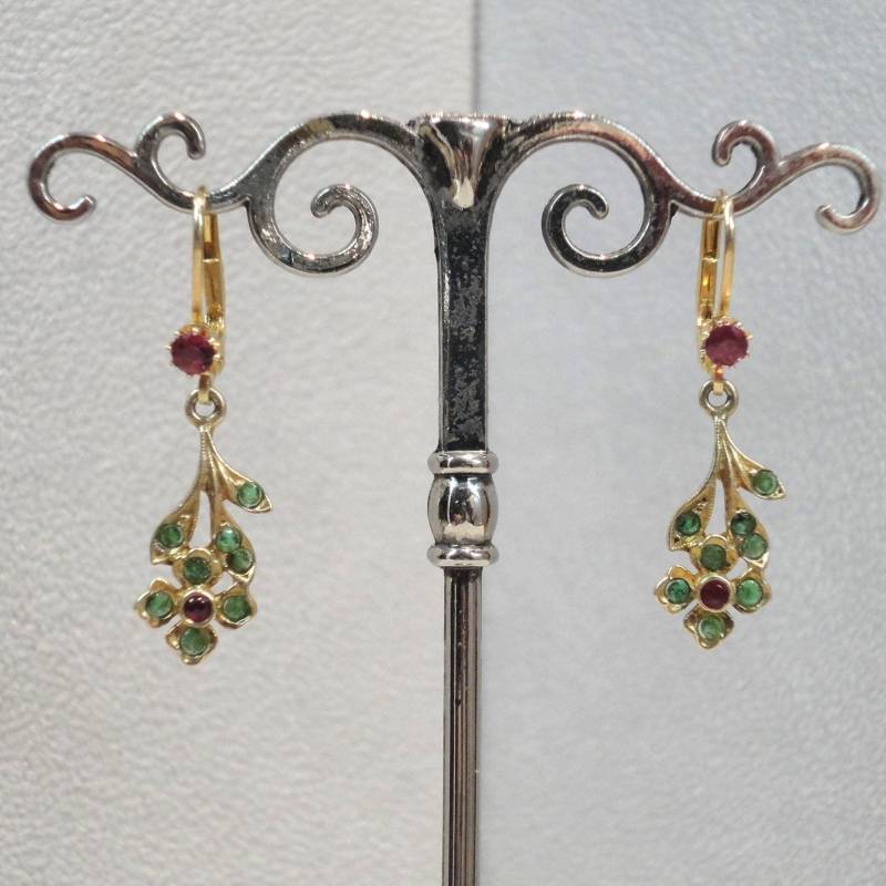Jugendstil Smaragd Rubin Ohrringe Sterling Silber 925/ - Gelb Vergoldet Jugendstilschmuck Art Nouveau Ohrhänger Vintage Nostalgie Retro von MonikaStoeckinger