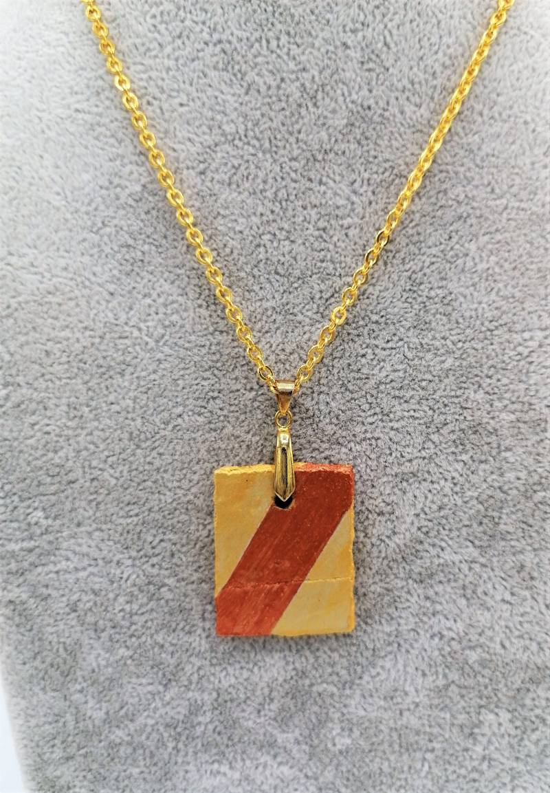 Betonschmuck - Serie Summer Sunshine Anhänger Rechteck Feinbeton Acrylfarben Goldbronze U. Gold Gliederkette Vergoldet 50 cm Zum Muttertag von MonisKunstladen