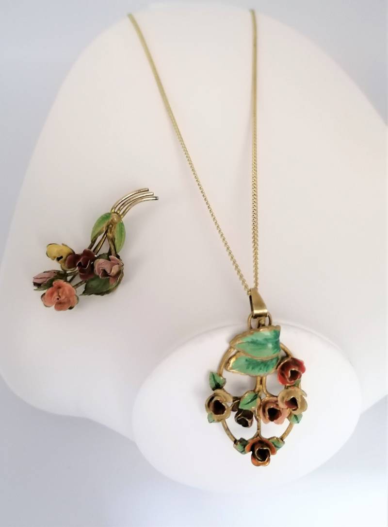 Wunderschöner Vintageschmuck Florentiner Set Kette Und Brosche Mit Goldkette L 50 cm Geburtstag von MonisKunstladen