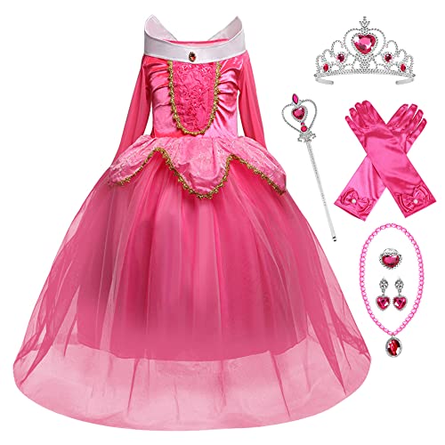Monissy Mädchen Prinzessin Kleid Kinder Aurora Kostüm Kinder Karneval Kostüm Cosplay Kleid Dornröschen Kleid Rosa Pink Langarm Fasching Verkleidung Party Weihnachten Halloween Fest, Rosa, 160 von Monissy
