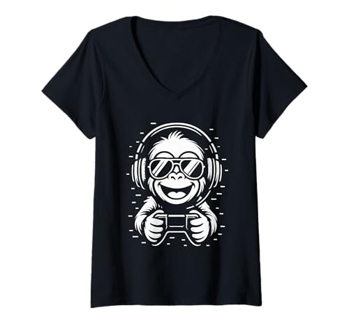 Damen Cooler Gaming Affe mit Kopfhörer Musik und Controller T-Shirt mit V-Ausschnitt Damen Cooler Gaming Affe mit Kopfhörer Musik und Controller T-Shirt mit V-Ausschnitt von Monkey DJ By GTSTDesign Store