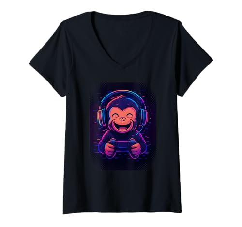 Damen Cooler Gaming Affe mit Kopfhörer Musik und Controller T-Shirt mit V-Ausschnitt Damen Cooler Gaming Affe mit Kopfhörer Musik und Controller T-Shirt mit V-Ausschnitt von Monkey DJ By GTSTDesign Store