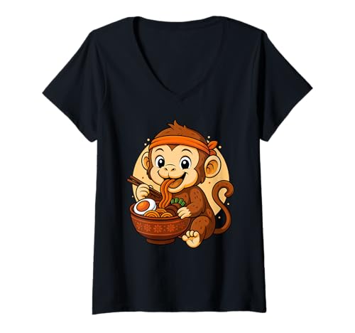 Damen Kawaii Monkey Eating Ramen Grafik Japanischer Affe Grafik T-Shirt mit V-Ausschnitt von Monkey Eating Ramen Funny Japanese Kawaii Design