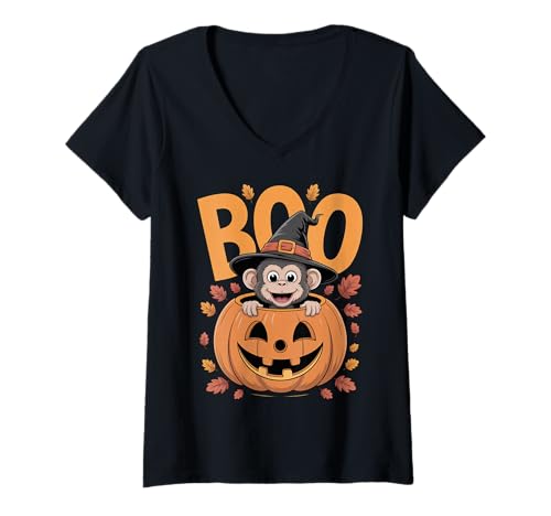 Damen Affenkostüm auf Kürbis Halloween AFFE T-Shirt mit V-Ausschnitt von Monkey Halloween kids, women, men