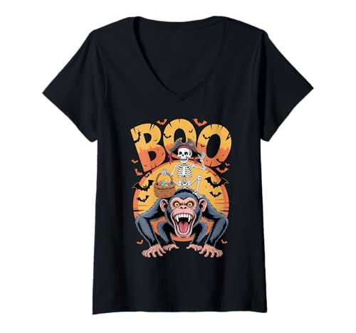 Damen Gruseliges Affenkostüm an Boo Monkey Halloween T-Shirt mit V-Ausschnitt von Monkey Halloween kids, women, men