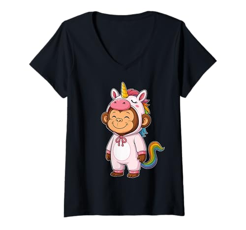 Damen Kawaii AFFE im Einhorn Kostüm für Mädchen Kinder Affenliebhaber T-Shirt mit V-Ausschnitt Damen Kawaii AFFE im Einhorn Kostüm für Mädchen Kinder Affenliebhaber T-Shirt mit V-Ausschnitt von Monkey In Unicorn Costume Kawaii Design