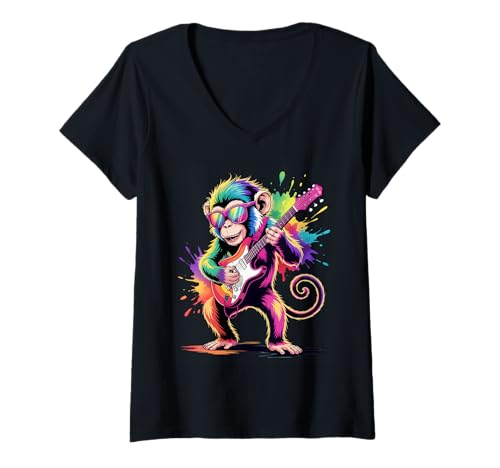 Damen Bunte Farbspritzer im Poster-Stil, AFFE spielt Gitarre T-Shirt mit V-Ausschnitt Damen Bunte Farbspritzer im Poster-Stil, AFFE spielt Gitarre T-Shirt mit V-Ausschnitt von Monkey Lover Apparel & Arts