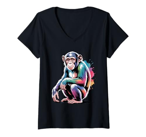 Damen Monkey Poster Stil Bunte Farbspritzer Kunst Grafik T-Shirt mit V-Ausschnitt Damen Monkey Poster Stil Bunte Farbspritzer Kunst Grafik T-Shirt mit V-Ausschnitt von Monkey Lover Apparel & Arts