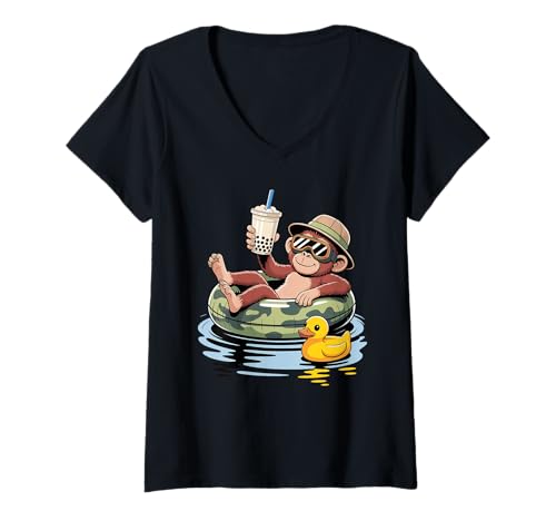 Damen AFFE Boba Perlen Milchtee Affen T-Shirt mit V-Ausschnitt von Monkey Lover Gifts