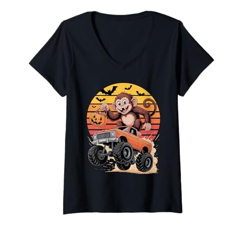 Damen Halloween Monstertruck AFFE Affen T-Shirt mit V-Ausschnitt Damen Halloween Monstertruck AFFE Affen T-Shirt mit V-Ausschnitt von Monkey Lover Gifts