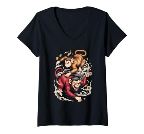 Damen Japanische Kunst Affe Gut Und Teufel Affen T-Shirt mit V-Ausschnitt Damen Japanische Kunst Affe Gut Und Teufel Affen T-Shirt mit V-Ausschnitt von Monkey Lover Gifts