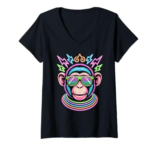 Damen Party AFFE Sonnenbrille Affen T-Shirt mit V-Ausschnitt Damen Party AFFE Sonnenbrille Affen T-Shirt mit V-Ausschnitt von Monkey Lover Gifts