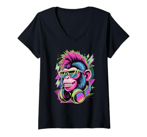 Damen Punk Ära Stil Affe Sonnenbrille Affen T-Shirt mit V-Ausschnitt von Monkey Lover Gifts
