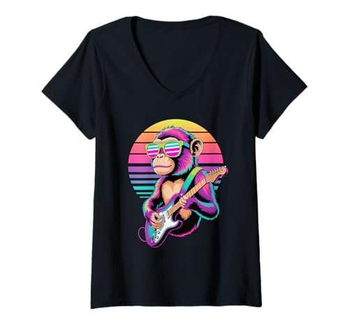 Damen Retro AFFE Gitarrist Affen Gitarre T-Shirt mit V-Ausschnitt Damen Retro AFFE Gitarrist Affen Gitarre T-Shirt mit V-Ausschnitt von Monkey Lover Gifts
