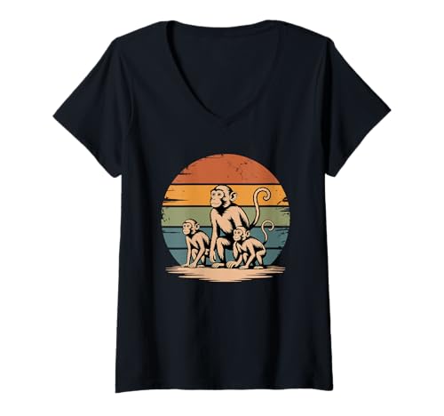 Damen Retro Sonnenuntergang AFFE Silhouette Affen T-Shirt mit V-Ausschnitt Damen Retro Sonnenuntergang AFFE Silhouette Affen T-Shirt mit V-Ausschnitt von Monkey Lover Gifts