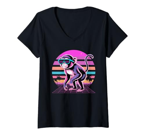 Damen Retro Synthwave AFFE Sonnenbrille Affen T-Shirt mit V-Ausschnitt von Monkey Lover Gifts