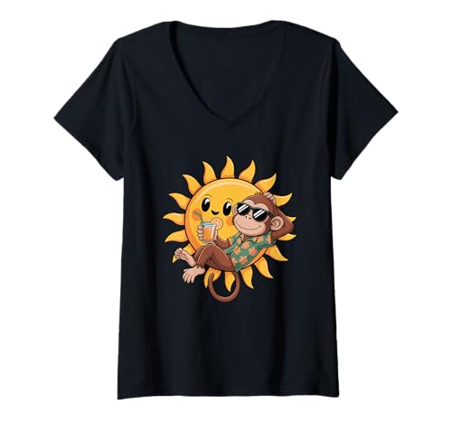 Damen Sonne AFFE Sonnenbrille Affen T-Shirt mit V-Ausschnitt von Monkey Lover Gifts