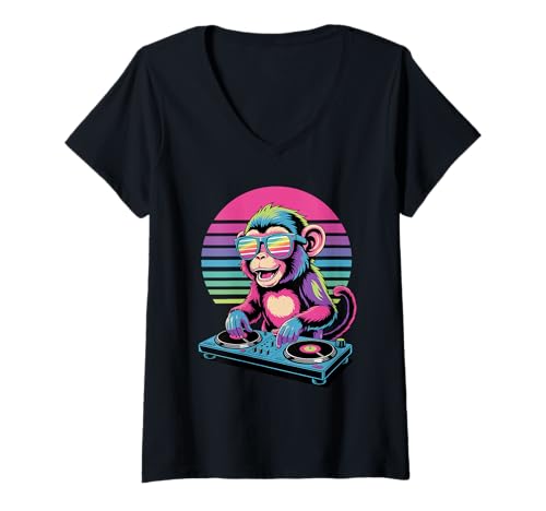 Damen Synthwave AFFE DJ Sonnenbrille Affen T-Shirt mit V-Ausschnitt Damen Synthwave AFFE DJ Sonnenbrille Affen T-Shirt mit V-Ausschnitt von Monkey Lover Gifts