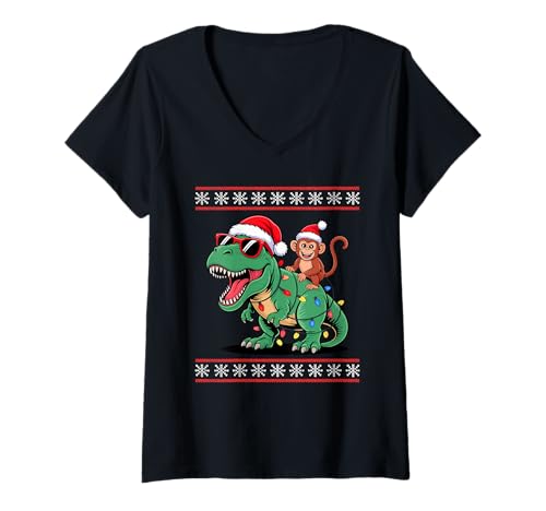Damen Weihnachten AFFE T-Rex Dinosaurier Tyrannosaurus Rex Affen T-Shirt mit V-Ausschnitt Damen Weihnachten AFFE T-Rex Dinosaurier Tyrannosaurus Rex Affen T-Shirt mit V-Ausschnitt von Monkey Lover Gifts