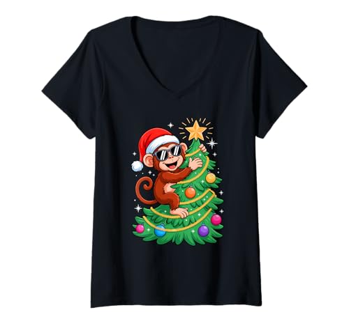 Damen Weihnachtsbaum AFFE Sonnenbrille Affen T-Shirt mit V-Ausschnitt von Monkey Lover Gifts