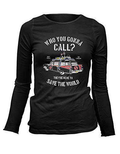 Damen Longsleeve T-Shirt Ecto-1 Who You Gonna Call? Ghostbuster, Farbe:Schwarz, Größe:S von Monkey Print