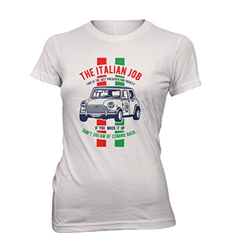 Damen T-Shirt Lady Fit Italien Job Mini Gängster Auto Film, Farbe:Weiß, Größe:S von Monkey Print