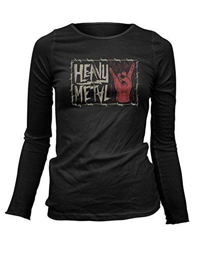 Damen T-Shirt Longsleeve Heavy Metal Pommesgabel Rock Musik Fan, Farbe:Schwarz, Größe:M von Monkey Print