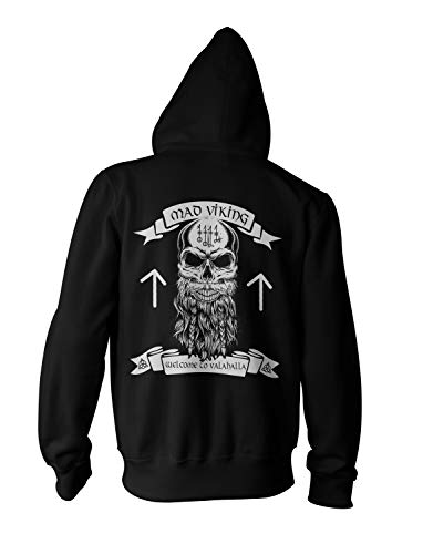 Monkey Print Herren Zipper Hoodie MAD Viking Valhalla Thor Odin Wotan, Farbe:Schwarz, Größe:L von Monkey Print