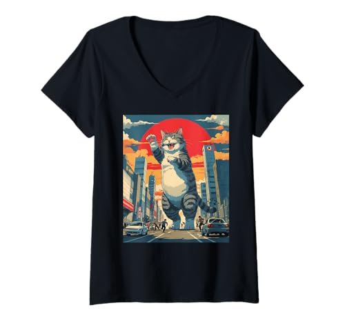 Damen Kawaii Kaiju Katze - Niedliches Anime Monster in Japan City T-Shirt mit V-Ausschnitt Damen Kawaii Kaiju Katze - Niedliches Anime Monster in Japan City T-Shirt mit V-Ausschnitt von Monkey Style Studios