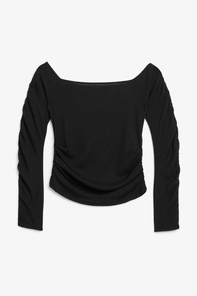 Gerafftes Und Geripptes Schulterfreies Oberteil - Schwarz von Monki