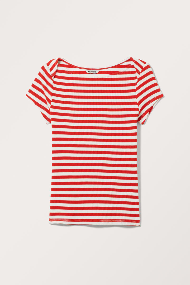 Geripptes T-Shirt Mit U-Boot-Ausschnitt - Rot Weiß von Monki