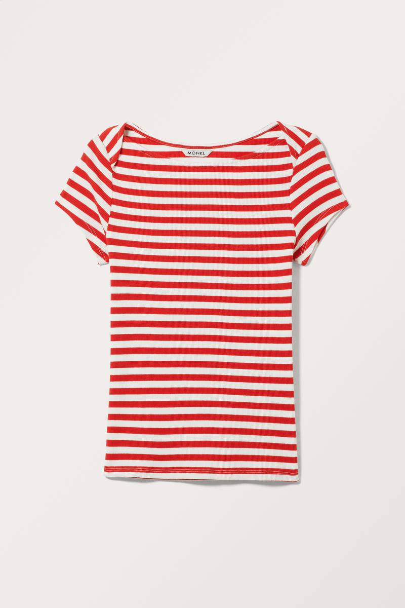 Geripptes T-Shirt Mit U-Boot-Ausschnitt - Rot Weiß von Monki