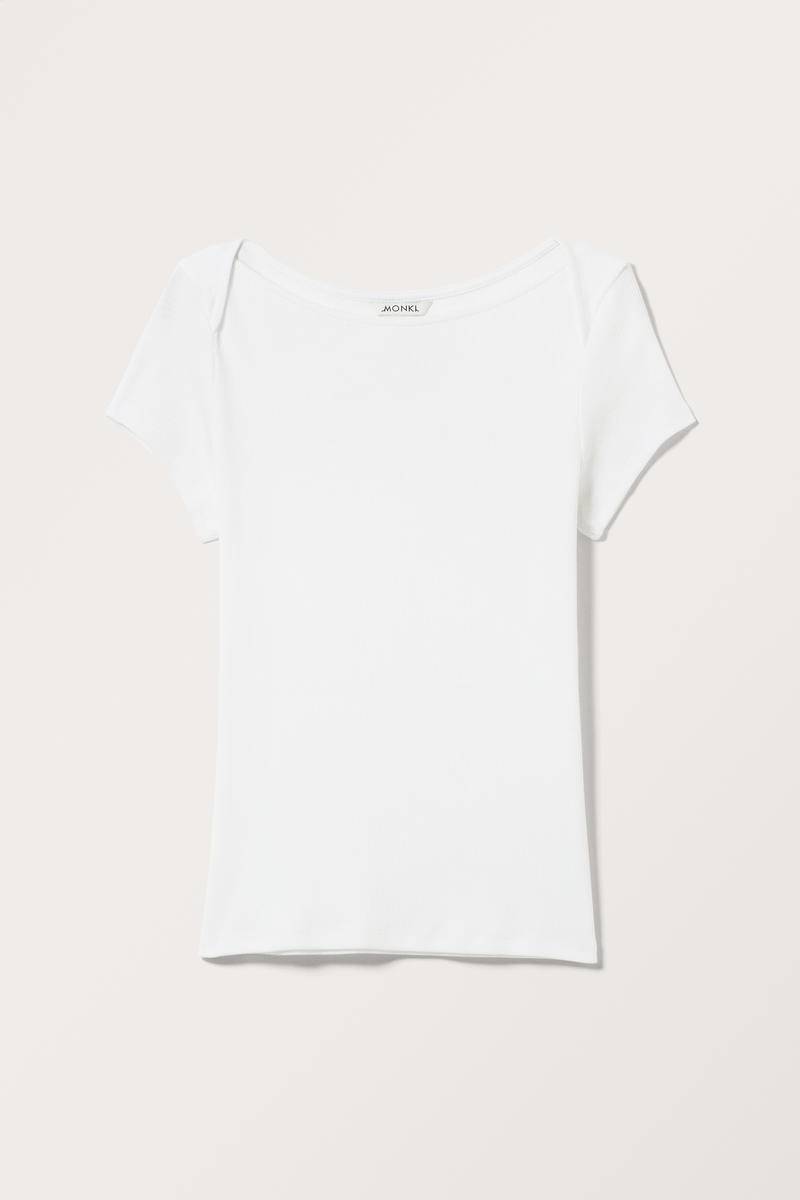 Geripptes T-Shirt Mit U-Boot-Ausschnitt - Weiß von Monki