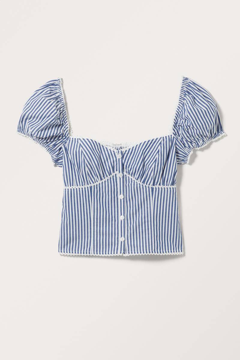 Kurzärmelige Popeline-Bluse Mit Puffärmeln - Blau Weiß von Monki