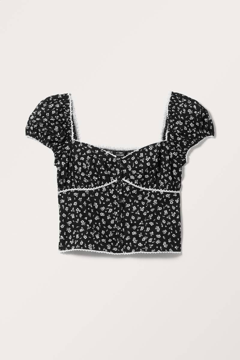 Kurzärmelige Popeline-Bluse Mit Puffärmeln - Schwarz von Monki