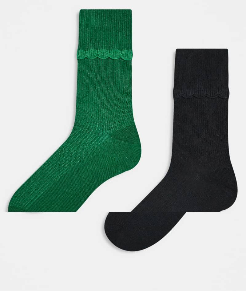 Monki - 2er-Pack Knöchelsocken in Schwarz und Grün mit Bogenkante-Bunt von Monki