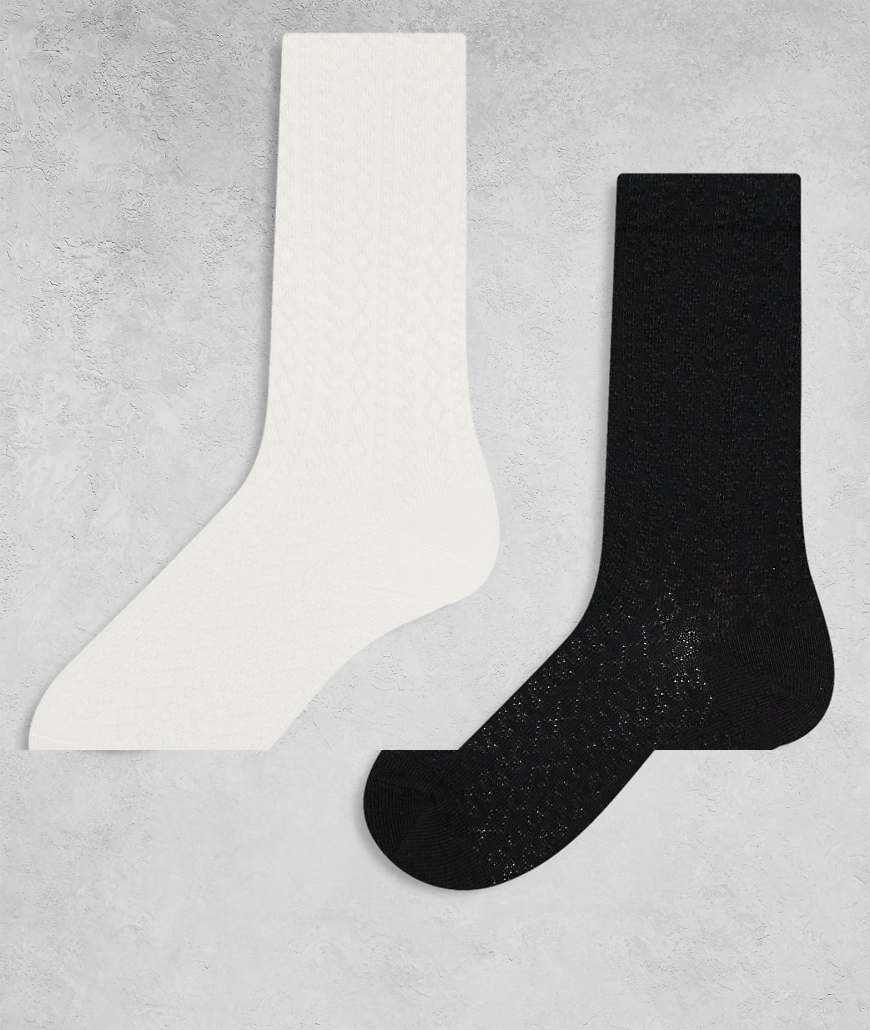 Monki - 2er-Pack Knöchelsocken in Schwarz und Weiß mit Lochmuster von Monki