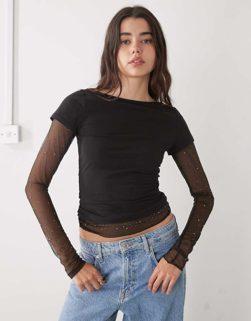 Monki - Doppellagiges Oberteil in Schwarz mit strassbesetzten Ärmeln von Monki