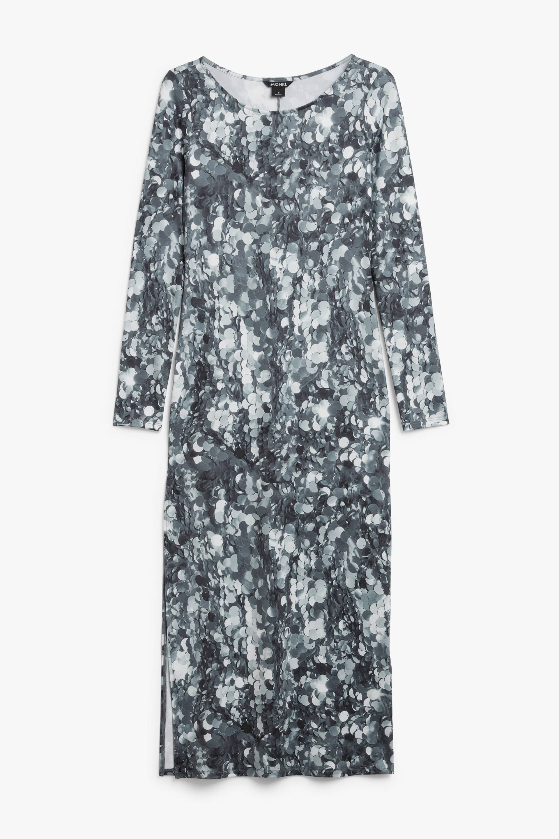 Monki Langärmliges Maxikleid im Trompe-l"œil-Design Silber-Print mit Pailletten, Alltagskleider in Größe M. Farbe: Silver sequin print' von Monki