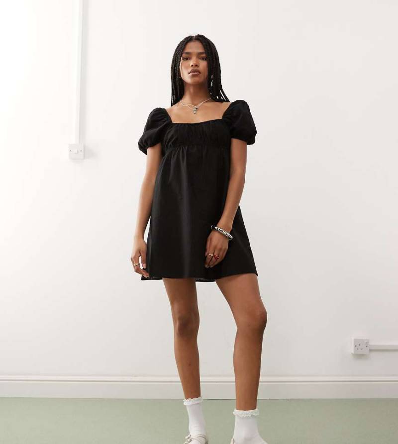 Monki - Leinen-Minikleid in Schwarz mit Puffärmeln, exklusiv bei ASOS von Monki