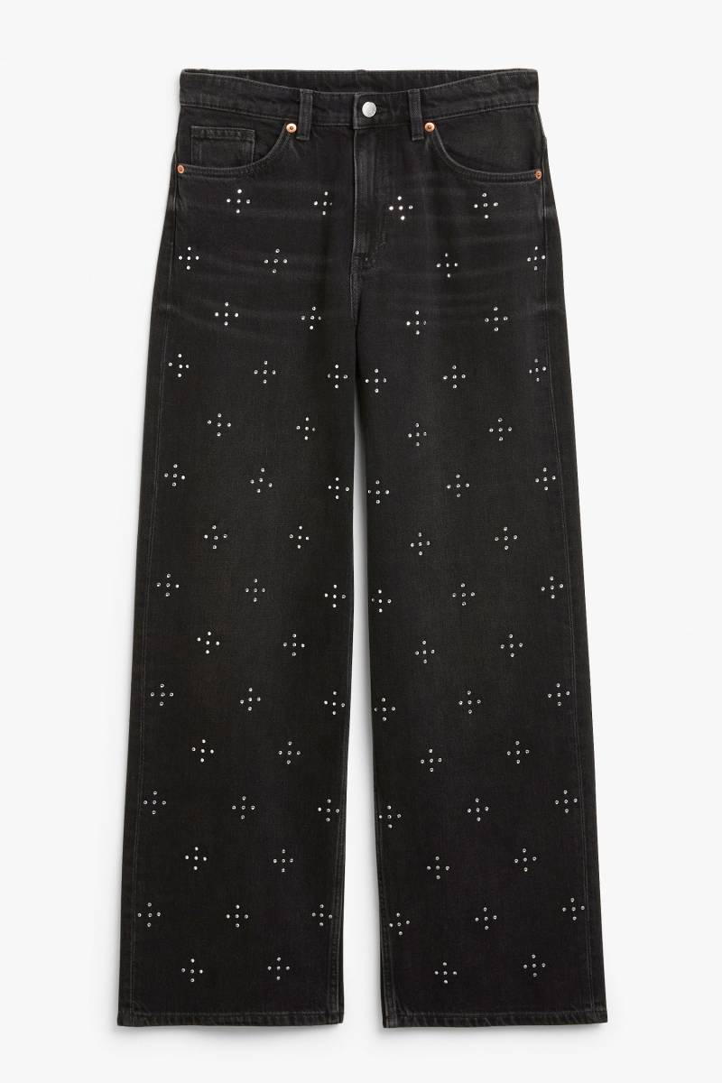 Monki Lockere Iku Highwaist-Jeans mit Verzierung Schwarz Glitzer, Baggy in Größe W 25. Farbe: Black glitzy von Monki