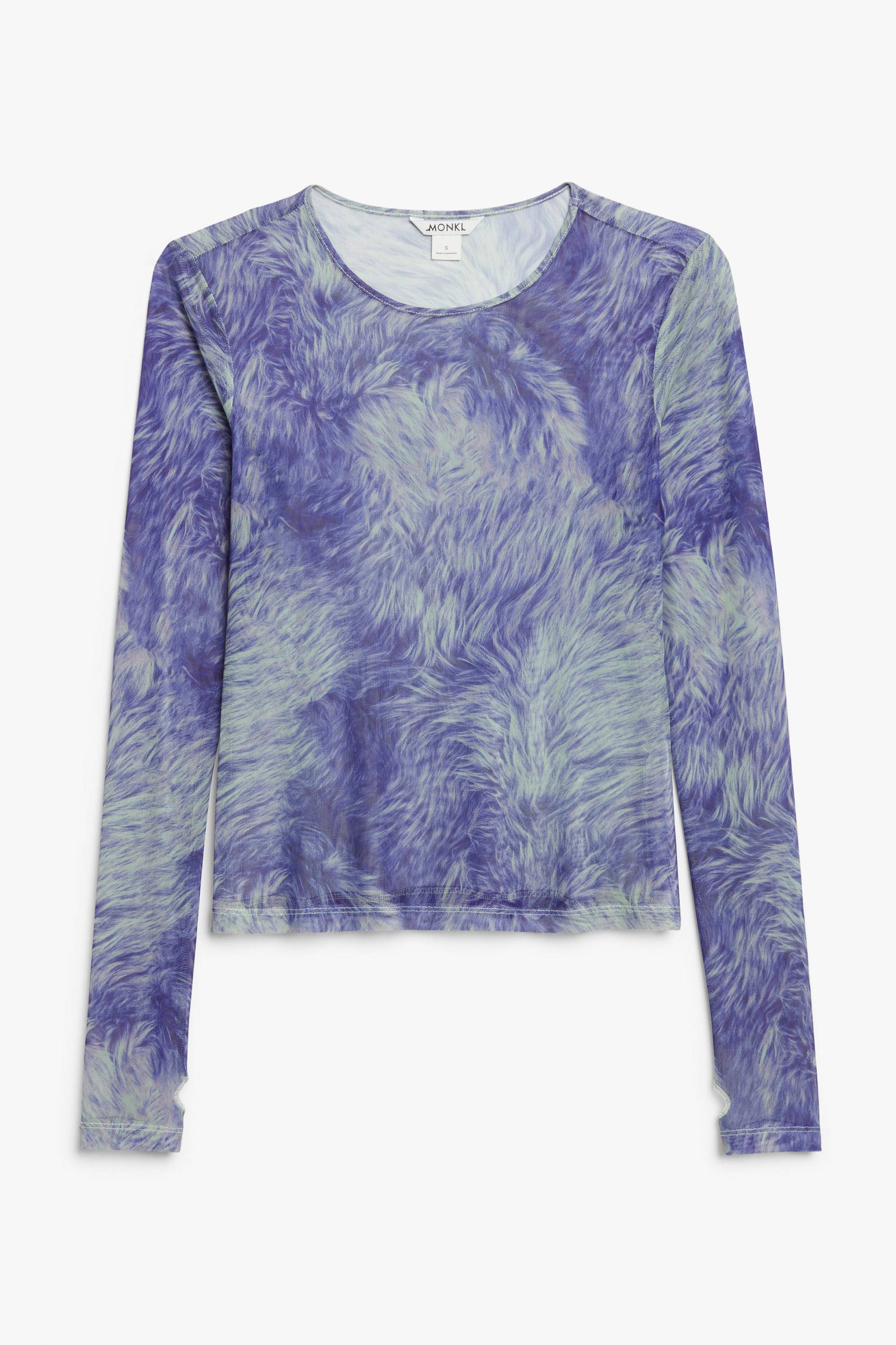 Monki Mesh-Langarmshirt mit Daumenlöchern Lila Fellprint, Tops in Größe L. Farbe: Purple fur print von Monki