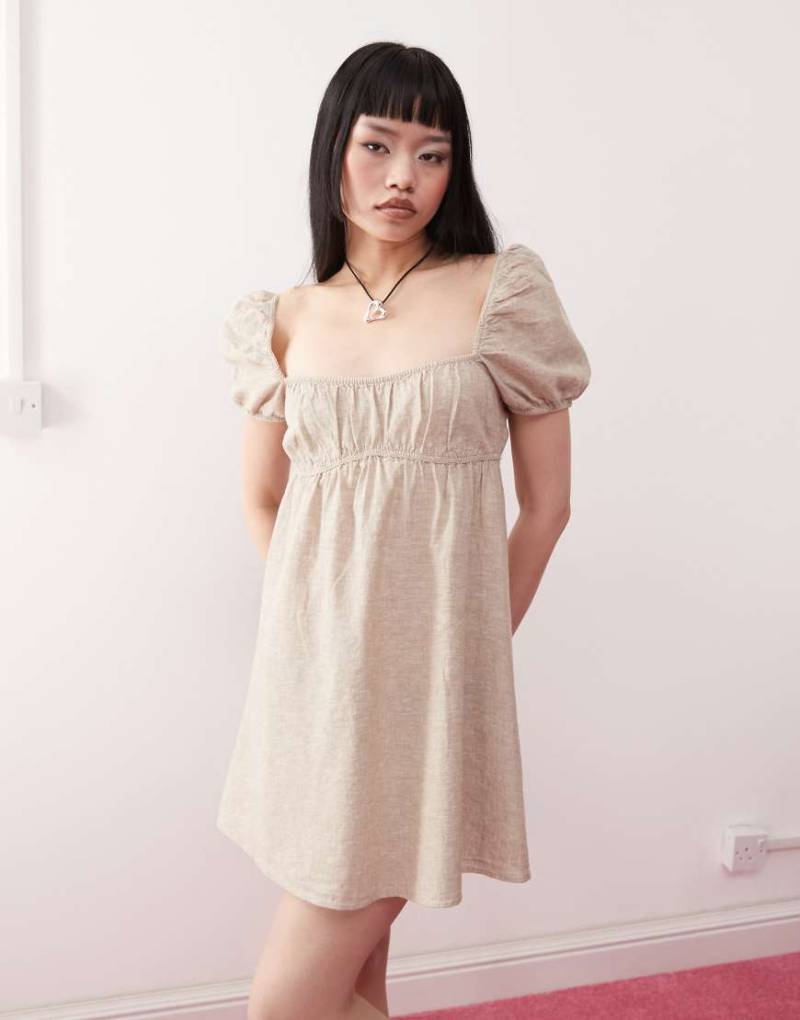 Monki - Minikleid aus Leinen in Beige mit Puffärmeln, exklusiv bei ASOS-Neutral von Monki
