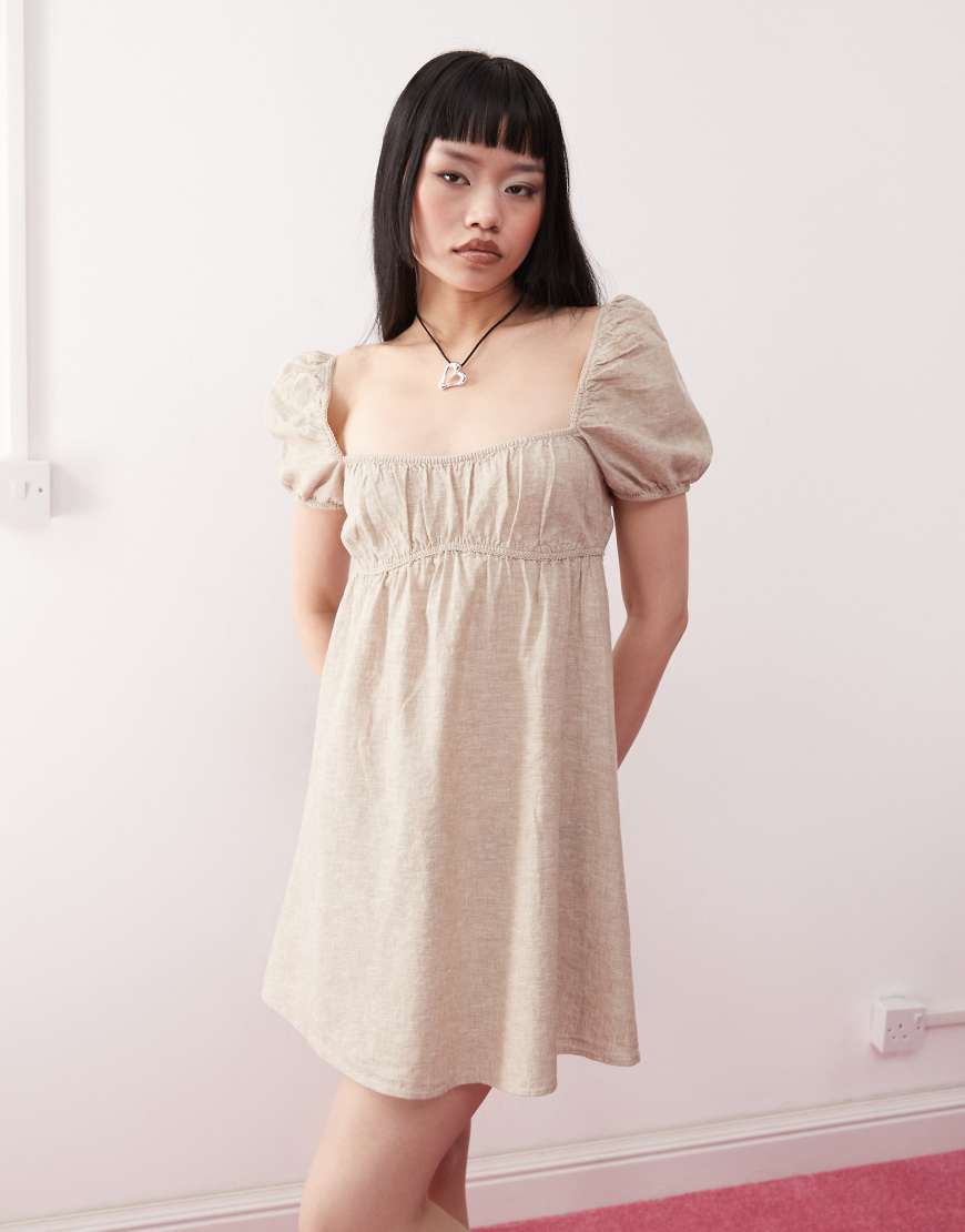Monki - Minikleid aus Leinen in Beige mit Puffärmeln, exklusiv bei ASOS-Neutral von Monki