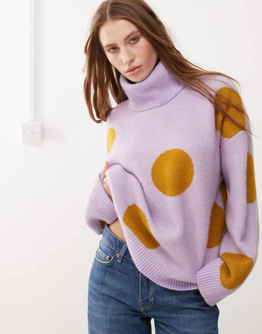 Monki - Oversize-Strickpullover in Flieder mit Rollkragen und senfgelbem Punktemuster-Lila von Monki
