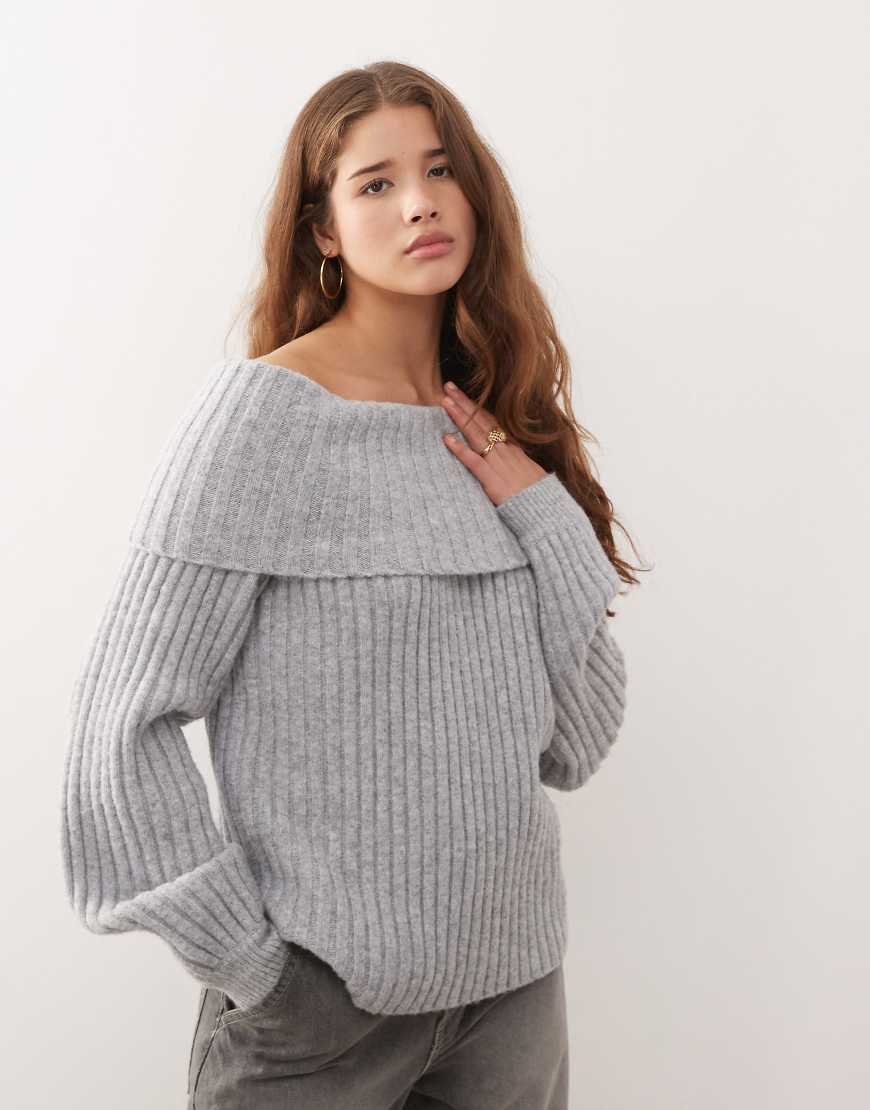 Monki - Oversize-Strickpullover in Grau meliert mit Bardot-Ausschnitt von Monki