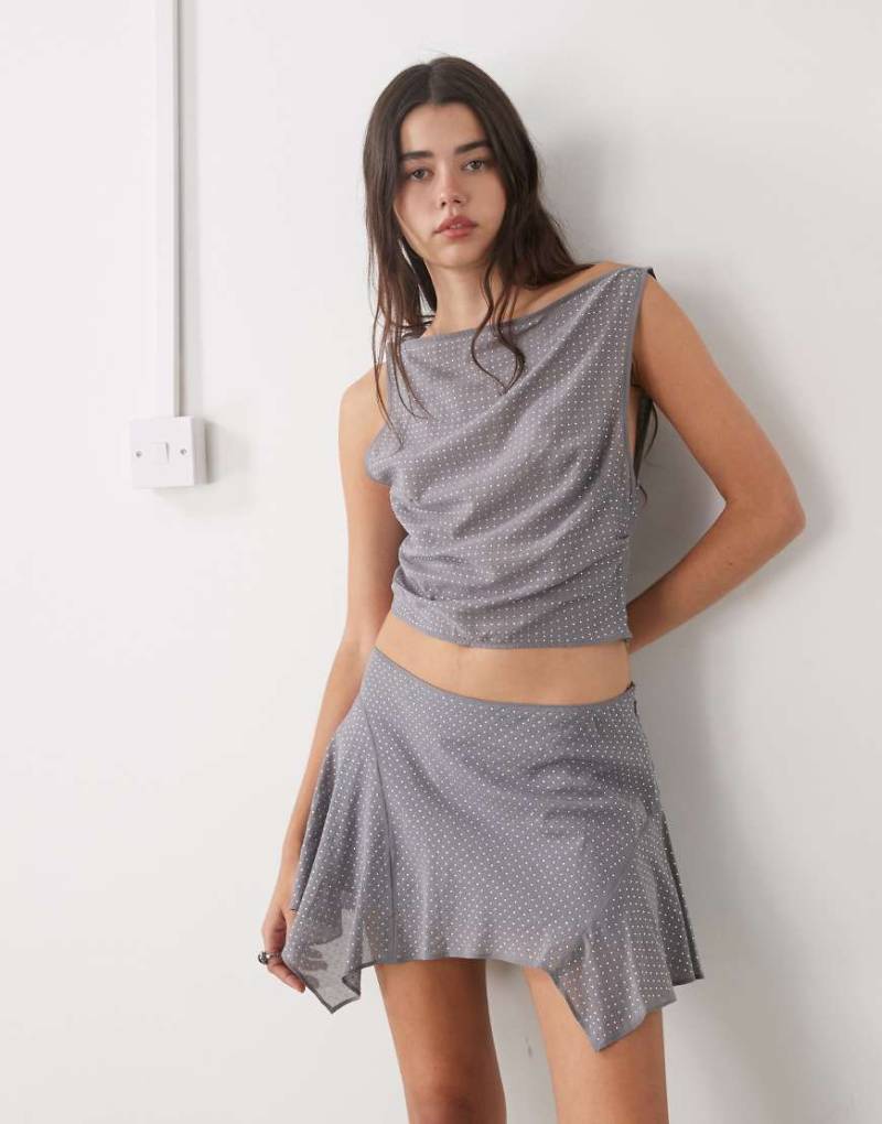 Monki - Schwingender Minirock in Grau mit Strassbesatz, Kombiteil von Monki