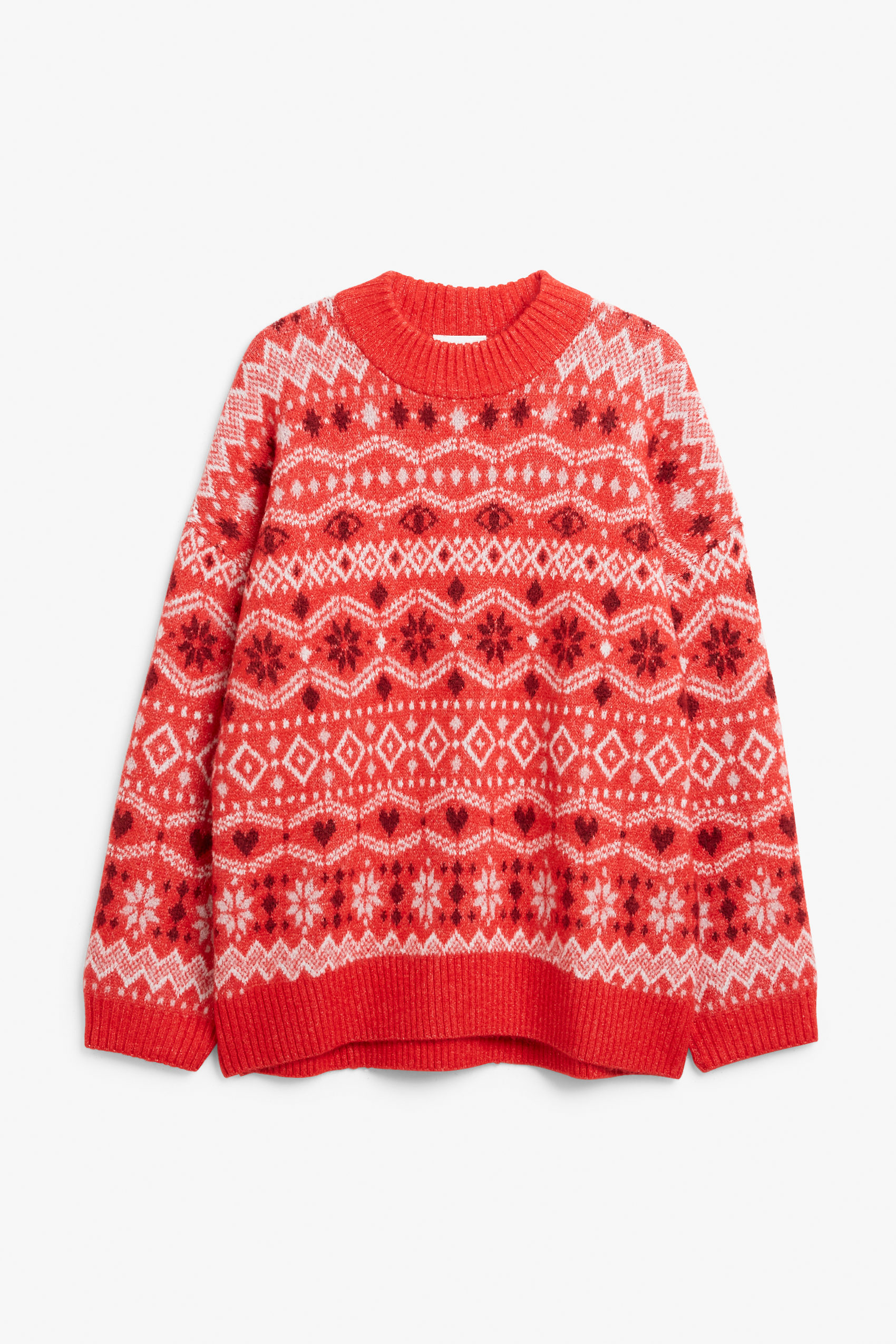 Monki Weicher, locker geschnittener Strickpullover Rotes Fair-Isle-Muster in Größe S. Farbe: Red fair isle von Monki