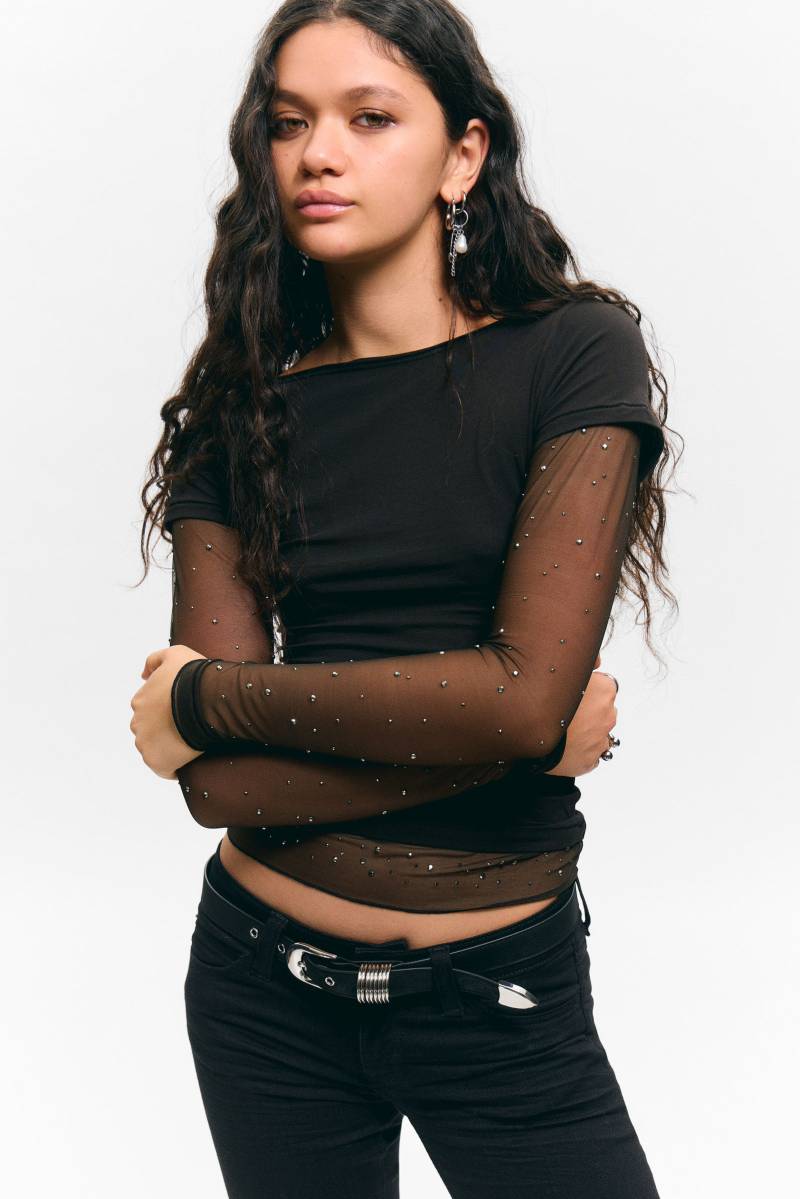 Rhinestone Mesh-Sleeve Top von Monki